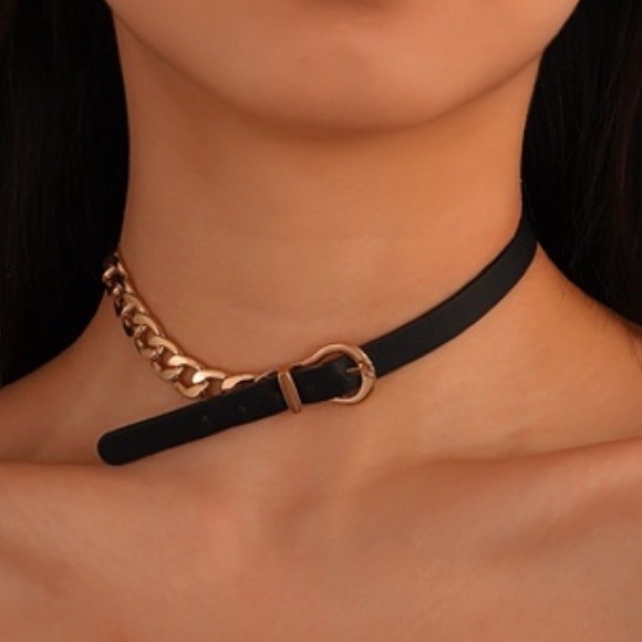 Gold Buckle Cuban Chain Link Leather Choker - Picture 3 of 11